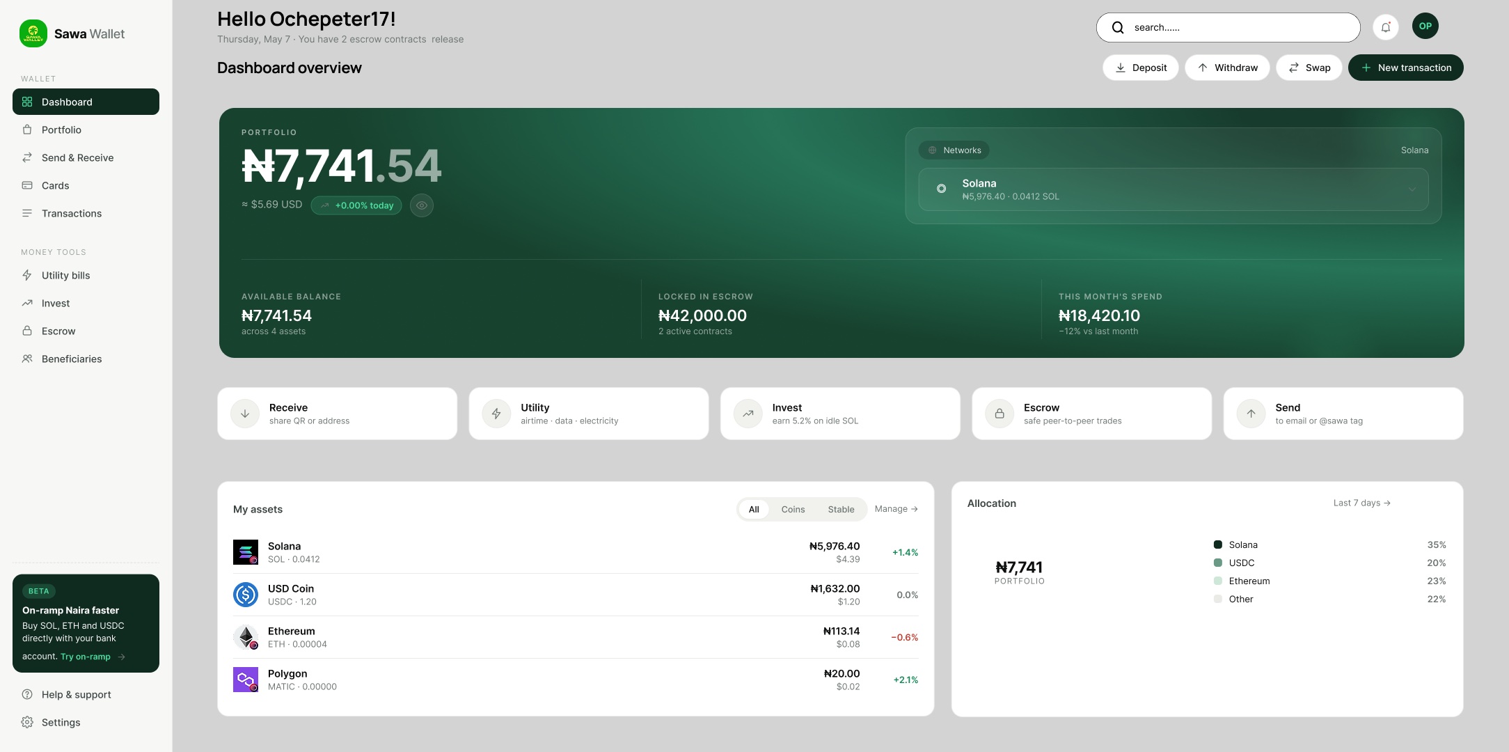Sawa Wallet dashboard — portfolio balance, assets and quick actions