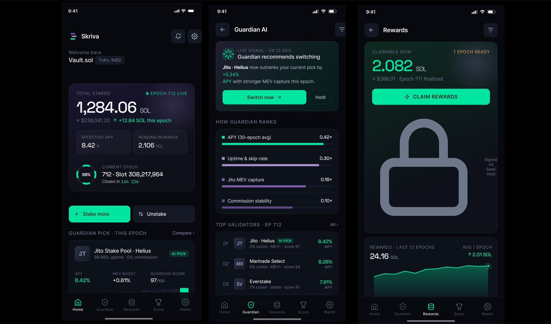 SKRIVA app screens — staking dashboard, Guardian AI and rewards